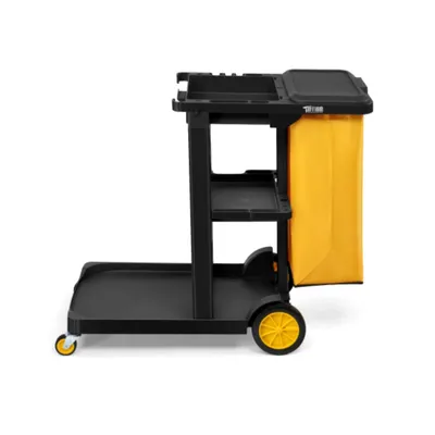 Produktbild von Dreistöckiger Reinigungswagen, traditionelle gewerbliche Ausführung, mobil, zur Aufbewahrung von Reinigungsmitteln und -geräten, schwarz