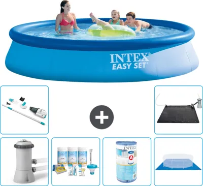 Produktbild von Intex runder aufblasbarer Easy Set-Schwimmpool – 396 x 84 cm – Blau – inklusive Pumpe Wartungspaket - Filter - Bodenplane - Staubsauger - Solarmatte