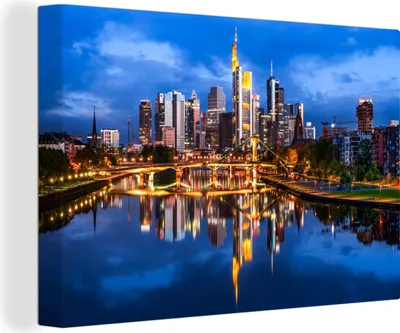Produktbild von OneMillionCanvasses® - Leinwandbilder - 140x90 cm, Spiegelung der Frankfurter Skyline auf dem Main, Deutschland, Wandbilder Kunstdruck Wanddekoration - Foto auf Leinwand - Gemälde
