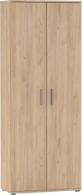 A front view of a two-door wardrobe with a wood-grain finish.