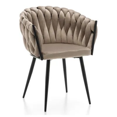 A beige upholstered chair with black legs, shown on a white background.
