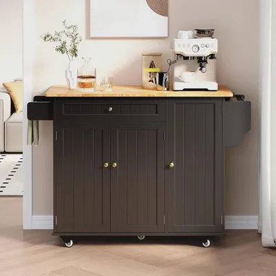 Produktbild von Kücheninsel mit Arbeitsplatte, Küchenwagen auf 5 Rädern mit Ablage und 1 Schublade, für Küche und Esszimmer, 130 × 75 × 88 cm, Schwarz