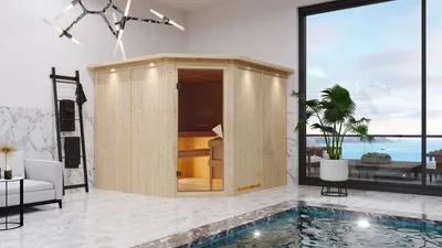 Produktbild von Karibu Sauna Innensauna Malin Eckeinstieg Ofen 9 KW externe Strg easy 245x210x202 cm mit Dachkranz mit Energiespartür