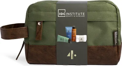 A toiletry bag with grooming products inside, presented in a studio setting.