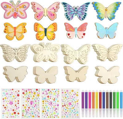 Produktbild von Holz Bastelset 24 Stück, Schmetterling, für Kindergeburtstag, mit 12 Stiften und 4 Stickern