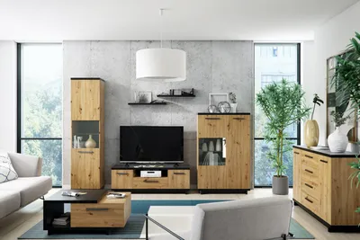 Produktbild von Wohnwand Medienwand Wohnzimmer-Set 6tlg. INES 8 schwarz / artisan eiche Kommode Vitrinen TV Lowboard Wandregale