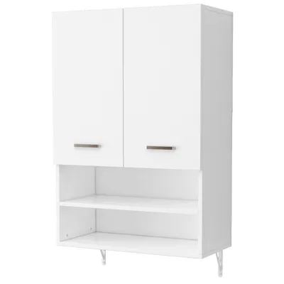 A white wall-mounted cabinet with two doors and two open shelves below.