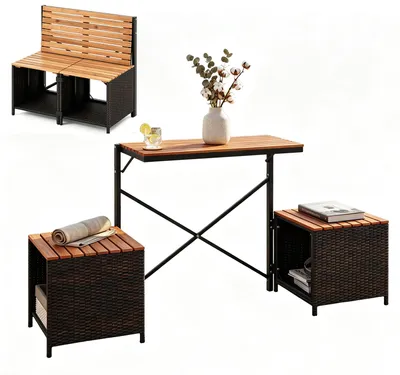 Produktbild von KOMFOTTEU Gartenmöbel Set aus Rattan, 2 in 1 Picknicktisch & Gartenbank, umwandelbares Balkonmöbel mit Metallrahmen & Stauraum, Sitzgarnitur outdoor, Sitzgruppe für Garten, Terrasse & Balkon