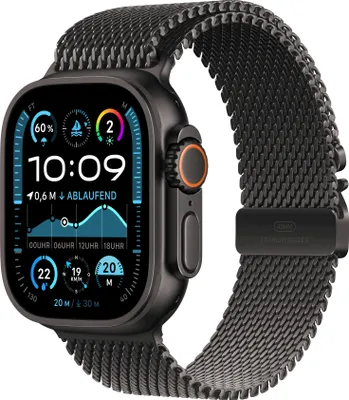 A close-up, angled view of an Apple Watch Ultra 2 with a Milanese Loop band, displayed against a white background. The watch face shows various data points and the time.