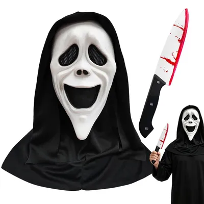 Halloween Scream-Maske aus Latex mit blutigem Messer, 2-teilig