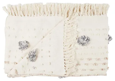 Zdjęcie produktu dla KOC pled Tuffo 125x150 cm KREMOWY frędzle pompony