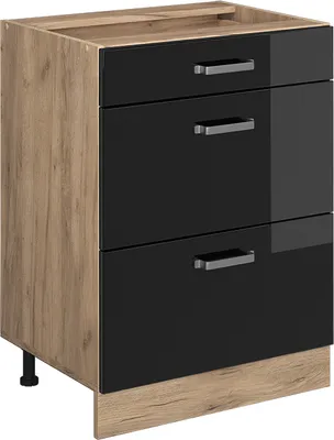 Obrázek produktu pro Spodní skříňka kuchyňské linky Vicco R-Line Černý vysoký lesk 60 cm se zásuvkami, bez pracovní desky, Model 41126