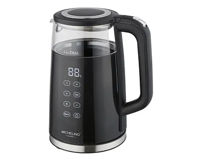 A black and glass electric kettle with a digital display and buttons.