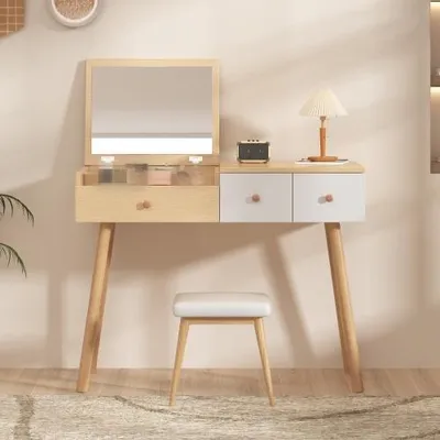 Produktbild von AIORBER Schminktisch, (ohne Hocker), mit Spiegel, unterteilter Stauraum mit Schubladen,  großes Fassungsvermögen, für Schlafzimmer,100x40x78cm, Natur