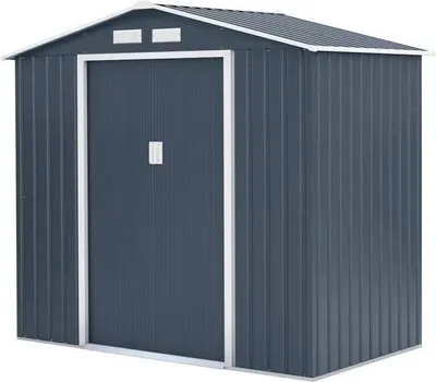 Produktbild von Gartenhaus Metall, 2,71 m², 213 x 127 x 195 cm, PLUTON, Inklusive Verankerungskit, 2 Schiebetüren, Grau