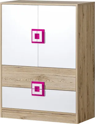 Produktbild von Furniture24 Kommode NICO 09, Schrank, Mehrzweckschrank, Highboard mit 2 Türen und 2 Schubkasten Hell Eiche/Weiß/Rosa