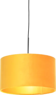 Produktbild von QAZQA - Landhaus I Vintage I Rustikal Hängelampe I Pendellampe I Pendelleuchte mit Veloursschirm ocker mit Gold I Messing 35 cm - Combi I Wohnzimmer I Schlafzimmer - Textil Zylinder I Länglich I Rund