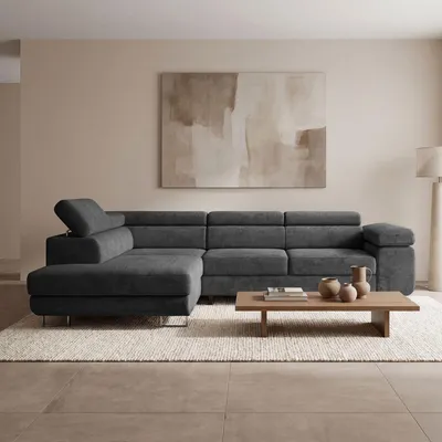 Produktbild von EZIMPAZ Ecksofa MONTANA Cord L-Form mit Schlaffunktion, Bettkasten und verstellbaren Kopfstützen, Grau, Links
