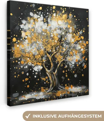 Produktbild von MuchoWow® - Leinwandbilder - Baum - Schwarz - Gold - Weiß - Modern, Wandbild, Wanddeko Bilder Wohnzimmer, 90x90 cm