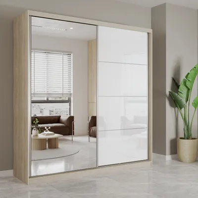 Produktbild von Schwebetürenschrank Kleiderschrank Schrank 203cm Sonoma/Weiß semigloss mit Spiegel und Zierleisten Pola 35