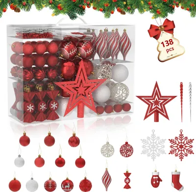 A collection of Christmas ornaments, including baubles, a star topper, icicles, snowflakes, and other decorative items, arranged in a collage format.