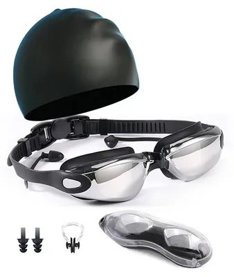 Produktbild von Badekappen-Brillen-Set, galvanisiertes UV-Schutz-Schwimmzubehör mit Ohrstöpsel, Nasenklammer-Etui