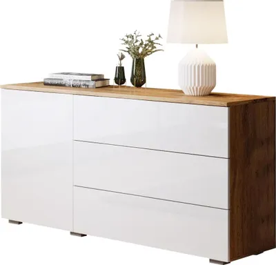 Produktbild von MIRJAN24 Kommode Awit 110 Highboard mit 3 Schubladen und Tür, Stilvoll Sideboard, Wohnzimmer Schrank (Farbe: Wotan / Weiß Hochglanz)