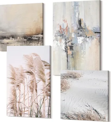 Produktbild von Leinwandbild Set 4-teilig – Modernes Wandbild – Polycanvas Kunstdruck – Abstrakte Bilder – Hochwertige Wandkunst – 2x 40x40 cm + 2x 40x60 cm – Natürliche Vegetation, abstrakte Muster in gedämpften Farben