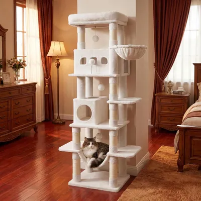 Produktbild von Fobyfurny großer Katzenkratzbaum, 170 cm hoch mit 8 Kratzbäumen, 2 Höhlen, großen Plattformen, waschbare Matte, Hängematte, Plüschbälle