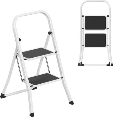 Produktbild von TRMLBE Drabina schodowa 2 stopnie składane Mała drabina z szerokim podnóżkiem i poręczą, biała Składana drabina metalowa Drabina domowa, udźwig do 270 kg