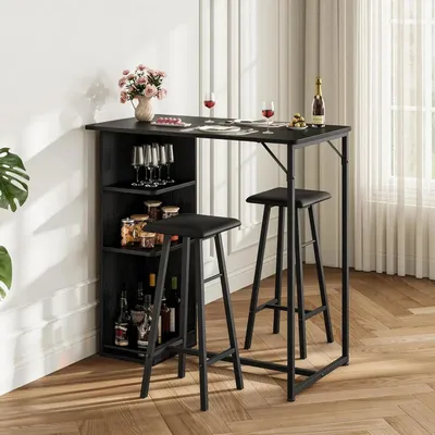 Produktbild von Küchen-Bartisch mit Hockern - 3-teiliges Set - 3-stufige Ablagen - Platzsparend - Metallgestell - Holzplatte - Polyurethangepolsterte Hocker - Schwarz