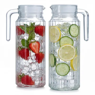 Produktbild von BigDean 2 Stück Kühlschrankkrug 1,1 Liter Glas Wasserkrug mit Deckel ergonomischer Griff