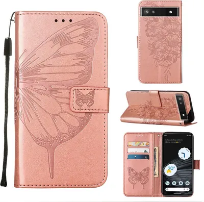 Produktbild von Google Pixel 7 Hülle, Schmetterling Prägung Flip Leder Kartenfächer Schutzhülle Ledertasche mit Ständer für Google Pixel 7 Roségold