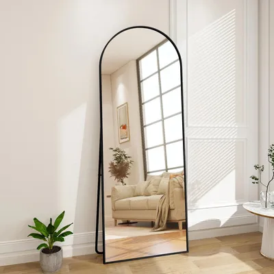 Produktbild von Ganzkörperspiegel - Bogenförmiger Stand- und Wandspiegel - Metallrahmen - Glas - 177 × 77 cm - Schwarz