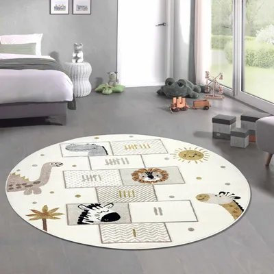 Produktbild von Kinderteppich mit Hüpfspiel und Tiermotiven Weich, Pflegeleicht & Spielerisch Lernen in creme Größe - 120 cm Rund