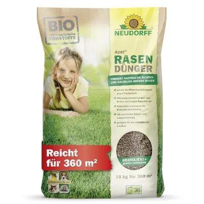Produktbild von Neudorff Azet RasenDünger Frühjahr 18 kg für 360 qm - 100% natürliche Inhaltsstoffe - Dünger für Rasen sorgt für eine dichte, grüne und strapazierfähige Rasenfläche mit 6 Monaten Langzeitwirkung
