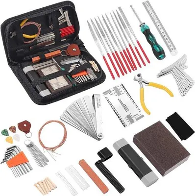 Productafbeelding van Unyqoos® Gitaarreparatieset – 52-delige set voor het meten en afstellen van gitaren, ukelele's, bassen en mandolines, inclusief draagtas