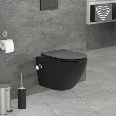 Obrázok produktu pre Závesné WC bez ráfika LuxeBath s funkciou bidetu, čierne, krátke, tornádové splachovanie