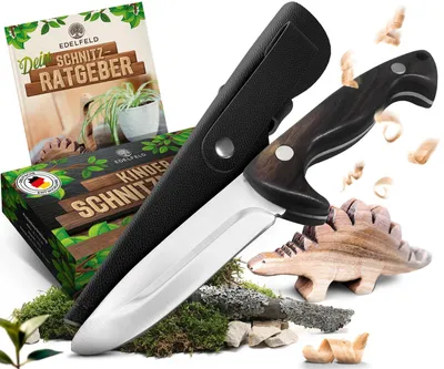 Produktbild von EDELFELD - Das Original - Schnitzmesser Kinder ab 6 Jahre - Sicheres Taschenmesser Kinder mit Fingerschutz, Hülle & Buch - für Links- & Rechtshänder
