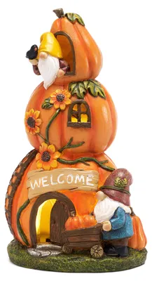Kürbishaus-Ornament mit Solarlicht, Harz, 18 cm, Orange