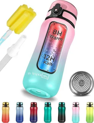 Produktbild von Famanu Thermosflasche 400 ml - Auslaufsicher mit Strohhalm oder Sieb, BPA-frei, rosa-türkis
