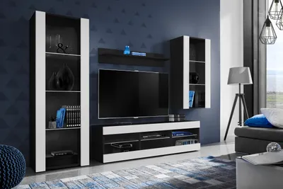 Produktbild von Komodee | Wohnwand mit TV-Schrank und Vitrine Tivoli Set Medio, Korpus Schwarz Matt Frontfarbe Weiß Matt, ohne LED