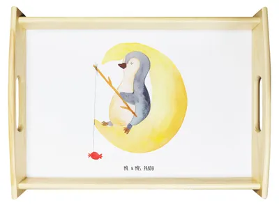 Produktbild von Mr. & Mrs. Panda Tablett Pinguin Mond - Weiß - Geschenk, Dekotablett, Schlafzimmer, Süßigkeiten, Frühstückstablett, Servier, Spruch, Pinguine, serviertablett holz, aus