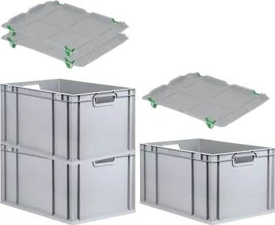 Produktbild von SuperSparSet 3x Eurobox NextGen Economy mit Auflagedeckel und 4x Schiebeschnappverschlüsse Grün | Griffe offen | HxBxT 32x40x60cm | 65 Liter | Eurobehälter, Transportbox, Transportbehälter, Stapelbehälter