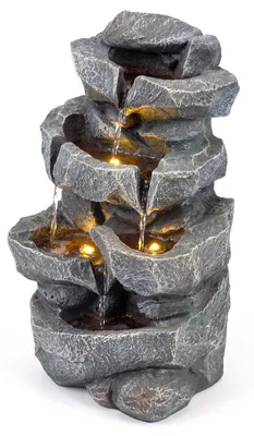 Produktbild von COSTWAY Gartenbrunnen mit LED-Beleuchtung, 5-stufiger Springbrunnen mit Leise Pumpe,Naturstein-Optik Kaskadenbrunnen Wasserfall Kunstharz 29,5x21x47cm