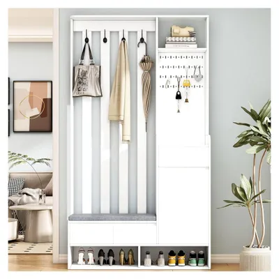 Produktbild von Kompakte Flurgarderobe mit gepolsterter Sitzbank und Schuhschrank | Multifunktionales Garderobenset für den Eingangsbereich | Garderobenschrank mit 4 Haken, Weiß, 180x100x35 cm