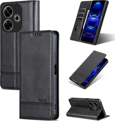 Produktbild von Leder Hülle für Xiaomi Redmi 13 4G, Klapphüllen Brieftasche Magnetverschluss Ständer Schutzhülle Schwarz