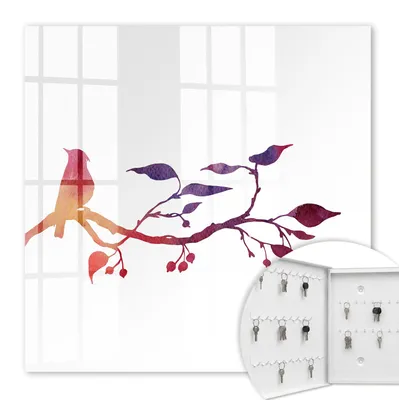 Produktbild von Metall Schlüsselkasten 30 x 30 cm - weißer Schlüsselschrank zur Wandmontage - wandhängende Schlüsselbox mit Tür - nach links öffnend - Schlüsselaufbewahrung für Flur - Büro - Arbeitszimmer - Werkstatt - Garage - Ein Ast mit einem Vogel