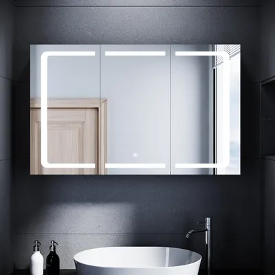 Image de SONNI Armoire de toilette en inox avec tablette et éclairage，3 portes Armoire de salle de bain，avec prise rasoir 105x65x13cm