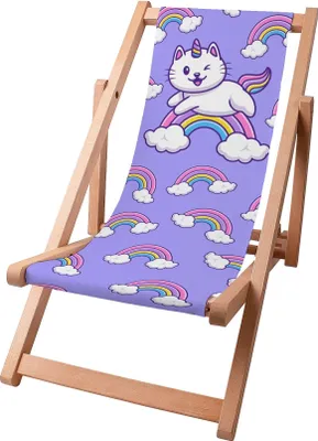 A foldable wooden deck chair with a purple fabric featuring a cartoon cat unicorn and rainbows.